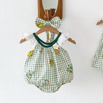 Summer Girls Plaid And Flowers Pattern Sleeveless Hollow Out Lace Strap Onesies, MyKids-USA®, Baby & Toddler Outfits, MyKids-USA -  -  -  -  -  -  - 