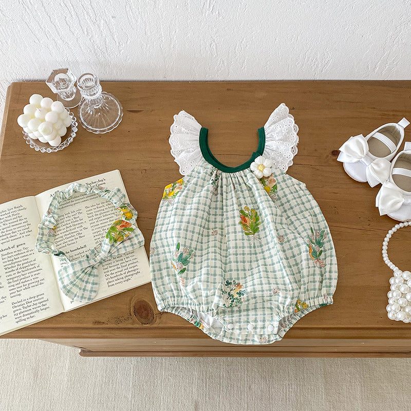 Summer Girls Plaid And Flowers Pattern Sleeveless Hollow Out Lace Strap Onesies, MyKids-USA®, Baby & Toddler Outfits, MyKids-USA -  -  -  -  -  -  - 