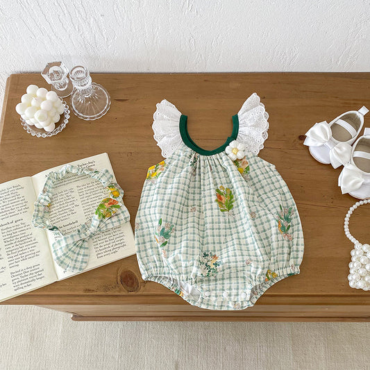 Summer Girls Plaid And Flowers Pattern Sleeveless Hollow Out Lace Strap Onesies, MyKids-USA®, Baby & Toddler Outfits, MyKids-USA -  -  -  -  -  -  - 