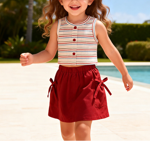 Summer Hot Selling Baby Kids Girls Sleeveless Striped Pattern Vest and Plain Skirt Clothing Set, MyKids-USA®, Baby & Children's Outfits, MyKids-USA - Size/Age - 90 (12-24M) - Color - Red -  -  - TR2605112238-A.