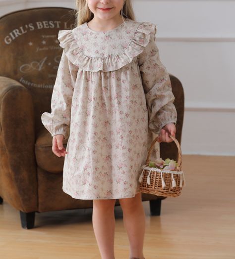 Arrival Autumn Girls Cute Flowers Print Crew Neck Long Sleeves Stylish Dress