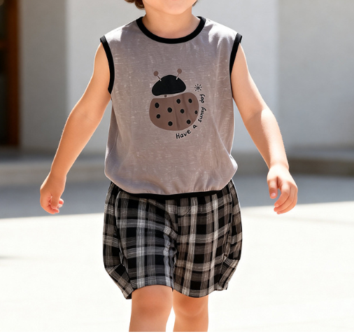 Summer Hot Selling Baby Kids Boys Sleeveless Cartoon Pattern Vest and Plaid Shorts Clothing Set, MyKids-USA®, Baby & Children's Outfits, MyKids-USA - Size/Age - 90 (12-24M) - Color - Grey -  -  - TR2605112234-A.