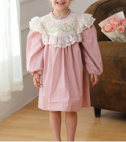 Design Autumn Girls Flowers Embroidery Pattern Long Sleeves French Style Lace Trim Dress, MyKids-USA®, Baby & Toddler Dresses, MyKids-USA - Size/Age - 90 (12-24M) - Color - Pink -  -  - TR2409100942-A.