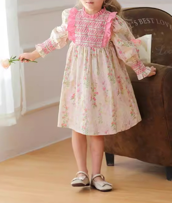Design Autumn Girls Fashion Floral Long Puff Sleeves Ruffle Neck Dress, MyKids-USA®, Baby & Toddler Dresses, MyKids-USA - Size/Age - 90 (12-24M) - Color - Pink -  -  - TR2408231042-A.