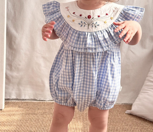 Summer Arrival Baby Cute Plaid Sleeveless Flowers Embroidered bodysuit, MyKids-USA®, Baby One-Pieces, MyKids-USA - Size/Age - 66 (3-6M) - Color - Blue -  -  - TR2504242026-A.
