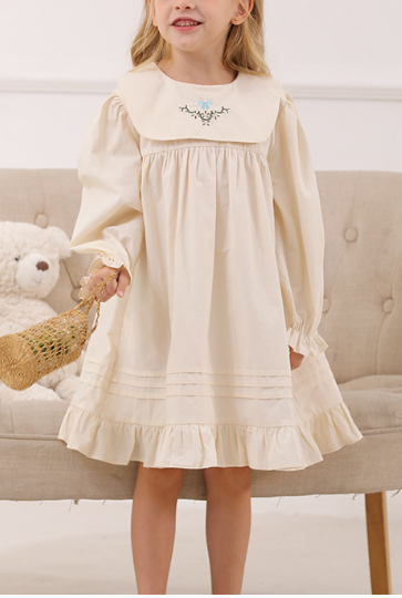Spring and Autumn Vintage Flowers Embroidered Long-sleeved Dress for Stylish Girls, MyKids-USA®, Baby & Toddler Dresses, MyKids-USA - Size/Age - 90 (12-24M) - Color - Apricot -  -  - TR2501022120-A.