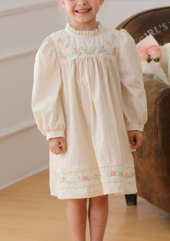 Arrival Autumn Girls Ruffle Neck Long Sleeves Flowers Embroidery Dress, MyKids-USA®, Baby & Toddler Dresses, MyKids-USA - Size/Age - 90 (12-24M) - Color - Apricot -  -  - TR2408241013-A.