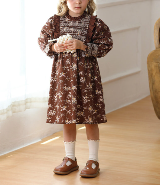 Design Autumn Girls Vintage Floral Long Puff Sleeves Ruffle Neck Dress, MyKids-USA®, Baby & Toddler Dresses, MyKids-USA - Size/Age - 90 (12-24M) - Color - Coffee -  -  - TR2408181030-A.