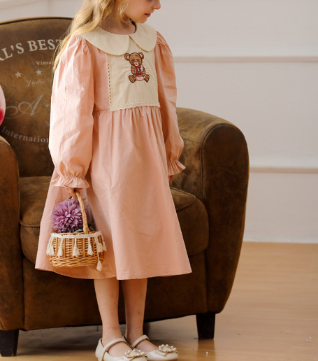 Arrival Autumn Girls Pink Long Sleeves Dress with Teddy Embroidery Pattern, MyKids-USA®, Baby & Toddler Dresses, MyKids-USA -  -  -  -  -  -  - .