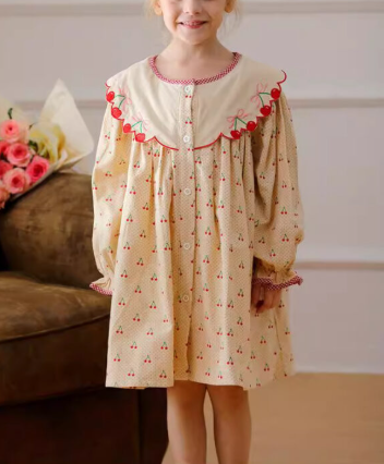 Arrival Autumn Girls Cherry Pattern Single Breasted Long Sleeves Dress with Embroidery Collar, MyKids-USA®, Baby & Toddler Dresses, MyKids-USA -  -  -  -  -  -  - .