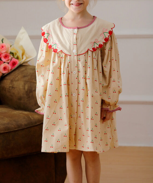 Arrival Autumn Girls Cherry Pattern Single Breasted Long Sleeves Dress with Embroidery Collar, MyKids-USA®, Baby & Toddler Dresses, MyKids-USA - Size/Age - 90 (12-24M) - Color - Apricot -  -  - TR2408171311-A.