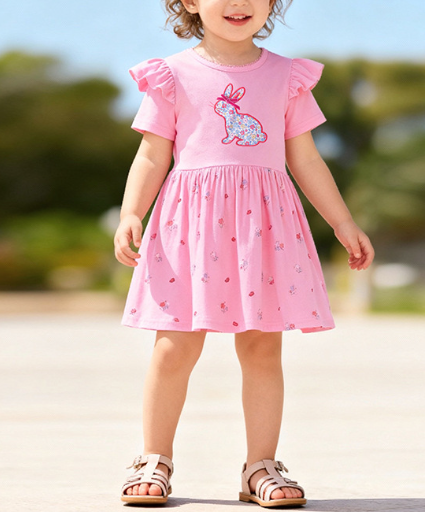 Summer Arrival Animals Cartoon and Floral Pattern Short Sleeves Dress for Stylish Girls