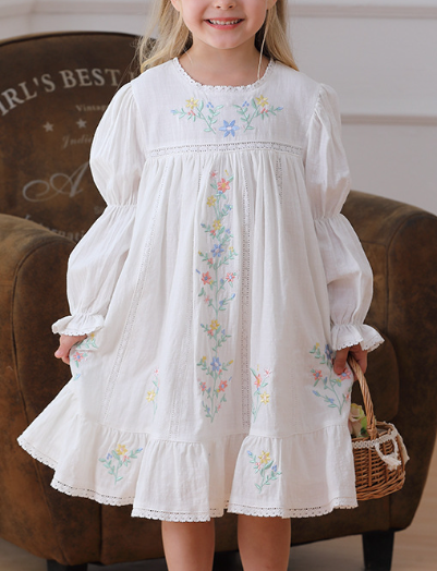 Spring and Autumn Vintage Flowers Embroidered Long-sleeved Dress for Stylish Girls, MyKids-USA®, Baby & Toddler Dresses, MyKids-USA - Size/Age - 90 (12-24M) - Color - Beige -  -  - TR2501012203-A.