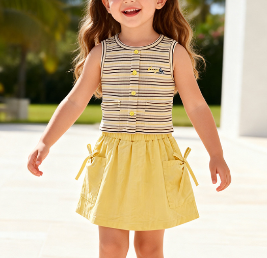 Summer Hot Selling Baby Kids Girls Sleeveless Striped Pattern Vest and Plain Skirt Clothing Set, MyKids-USA®, Baby & Children's Outfits, MyKids-USA - Size/Age - 90 (12-24M) - Color - Yellow -  -  - TR2605112238-B.