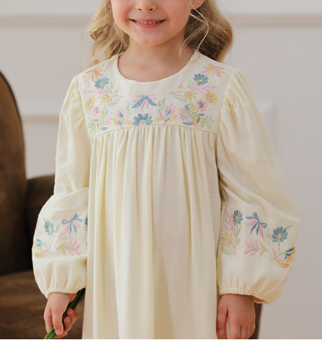Spring and Autumn Vintage Flowers Embroidered Long-sleeved Dress for Stylish Girls, MyKids-USA®, Baby & Toddler Dresses, MyKids-USA - Size/Age - 90 (12-24M) - Color - Light Yellow -  -  - TR2501012226-A.