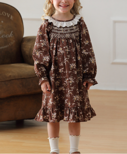 Arrival Autumn Girls Vintage Ruffle Collar Long Sleeves Floral Pattern Dress, MyKids-USA®, Baby & Toddler Dresses, MyKids-USA - Size/Age - 90 (12-24M) - Color - Brown -  -  - TR2408241021-A.