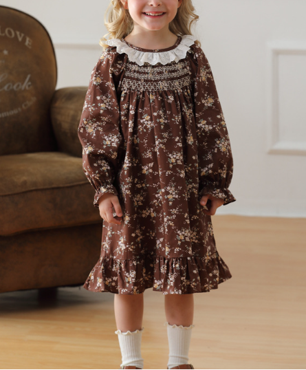 Arrival Autumn Girls Vintage Ruffle Collar Long Sleeves Floral Pattern Dress, MyKids-USA®, Baby & Toddler Dresses, MyKids-USA - Size/Age - 90 (12-24M) - Color - Brown -  -  - TR2408241021-A.