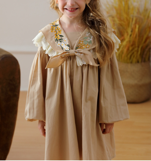 Arrival Autumn Girls Artsy Flowers Embroidery Pattern Collar Long Sleeves Stylish Dress, MyKids-USA®, Baby & Toddler Dresses, MyKids-USA - Size/Age - 90 (12-24M) - Color - Khaki -  -  - TR2409100925-A.