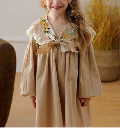 Arrival Autumn Girls Artsy Flowers Embroidery Pattern Collar Long Sleeves Stylish Dress, MyKids-USA®, Baby & Toddler Dresses, MyKids-USA - Size/Age - 90 (12-24M) - Color - Khaki -  -  - TR2409100925-A.