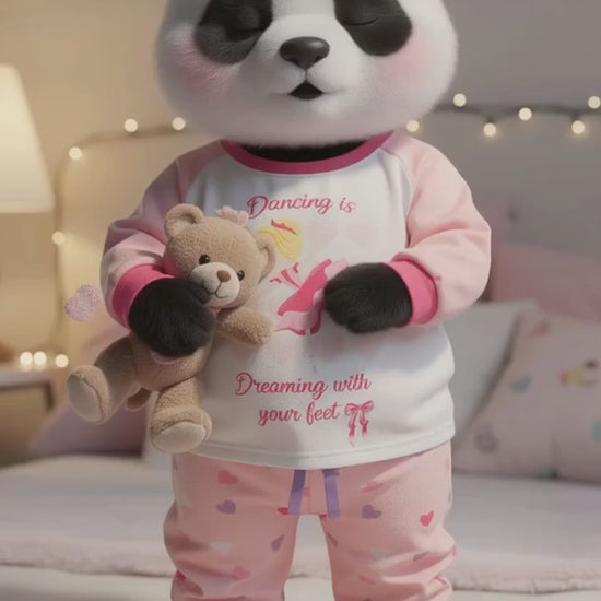 MyKids panda mascot showing the ballerina pajamas