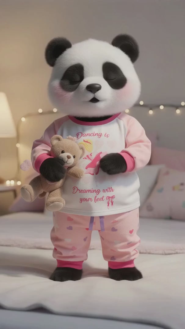 MyKids panda mascot showing the ballerina pajamas