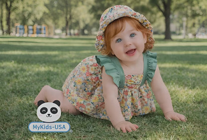 Baby Girl Flower Pattern Butterfly Sleeve Design Cute Dress With Hat