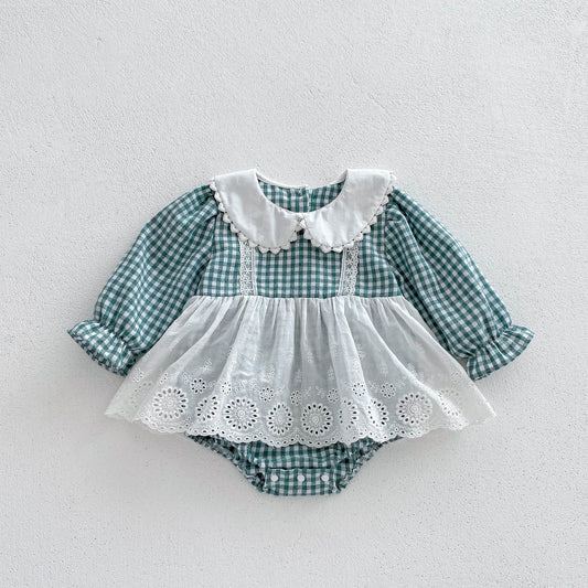 Infant Baby Girls Grid Design Lace Long Sleeve One Piece