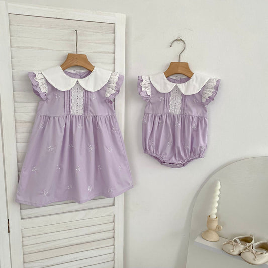 Summer Girls Simple Floral Pattern Peter Pan Collar Onesies and Dress – Princess Sister Matching Set, MyKids-USA®, Baby & Toddler Outfits, MyKids-USA -  -  -  -  -  -  - .