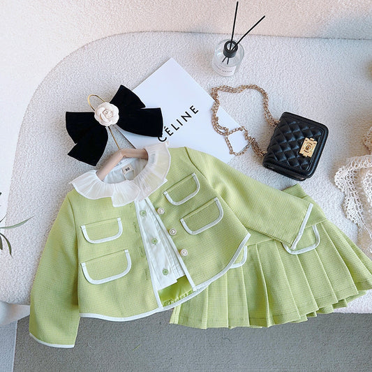 Girls Solid Green Ruffle Lace Neck Pockets Cardigan&Skirt Casual Sets