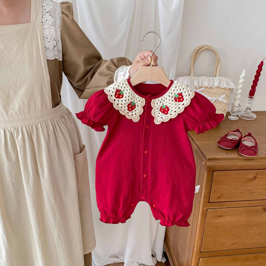 Summer Arrival Baby Girls Cute Single Breasted Rompers with Knitted Collar, MyKids-USA®, Baby One-Pieces, MyKids-USA - Size/Age - 66 (3-6M) - Color - Red -  -  - TR2505202328-A