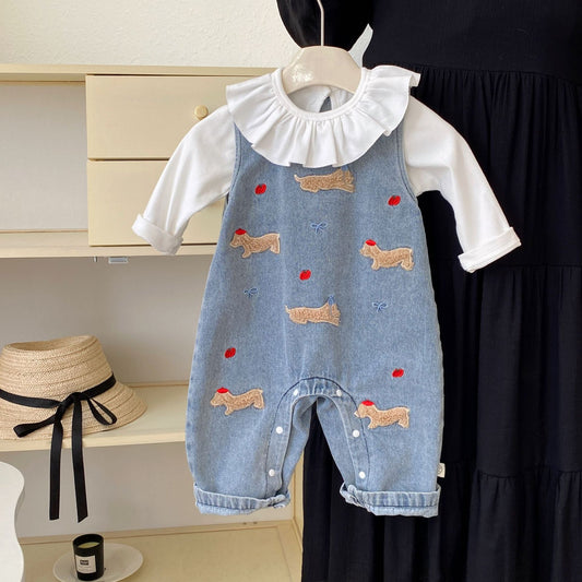 Spring and Autumn Baby Kids Girls Long Sleeves Cartoon Pattern Top and Denim Sleeveless Rompers Clothing Set