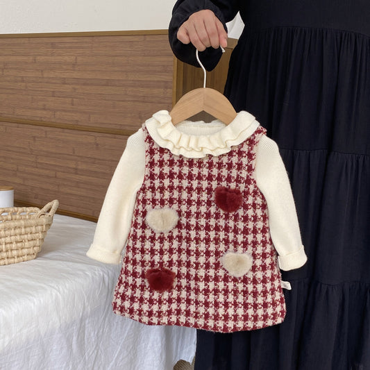 Winter and Autumn Baby Kids Girls Long Sleeves Knitted Sweater and Houndstooth Sleeveless Dress Clothing Set