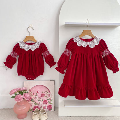 Autumn Baby Girls Lace Trim Collar Long-sleeved Bodysuit and Dress – Princess Sister Matching Set