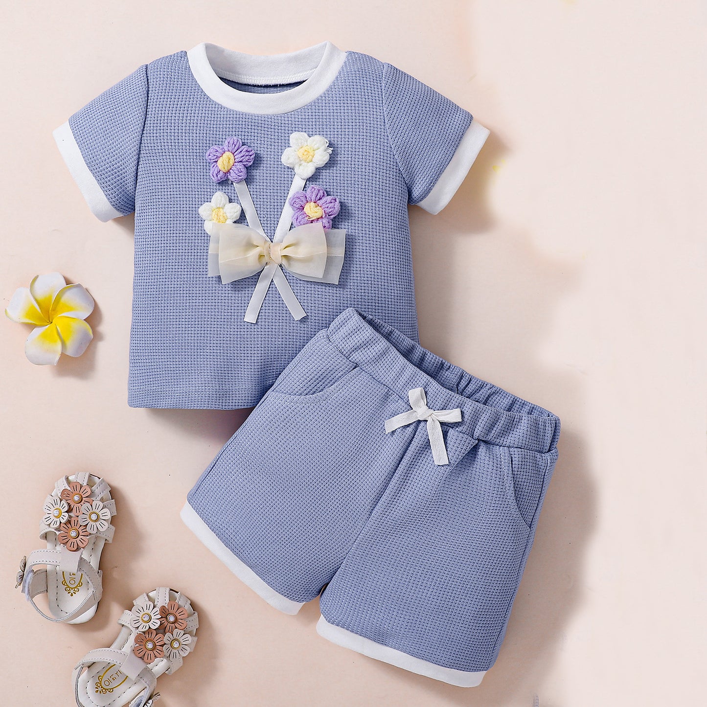 Design Summer Baby Kids Girls Short Sleeves Flowers Pattern T-shirt with Plain Shorts