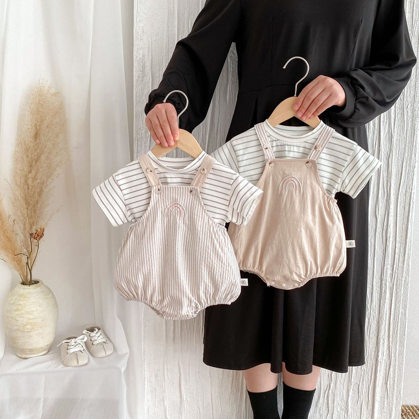 Summer Hot Selling Baby Kids Unisex Sleeveless Rainbow Embroidered Strap Overalls and Striped T-Shirt Clothing Set, MyKids-USA®, Baby & Toddler Outfits, MyKids-USA -  -  -  -  -  -  - 