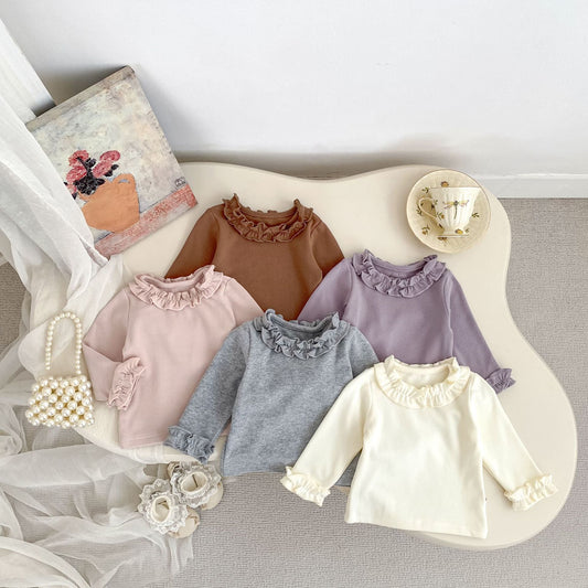 MyKids-USA® Spring and Autumn Baby Kids Girls Solid Color Ruffle Neck Long Sleeves Top