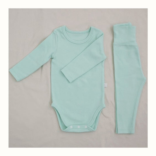Spring and Autumn Baby Kids Unisex Long Sleeves Solid Color Bodysuit and Pants Clothing Set