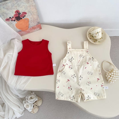 Summer Hot Selling Baby Kids Girls Sleeveless Vest and Cartoon Overalls Clothing Set, MyKids-USA®, Baby & Children's Outfits, MyKids-USA - Size/Age - 73 (6-9M) - Color - Red -  -  - TR2605112350-A.