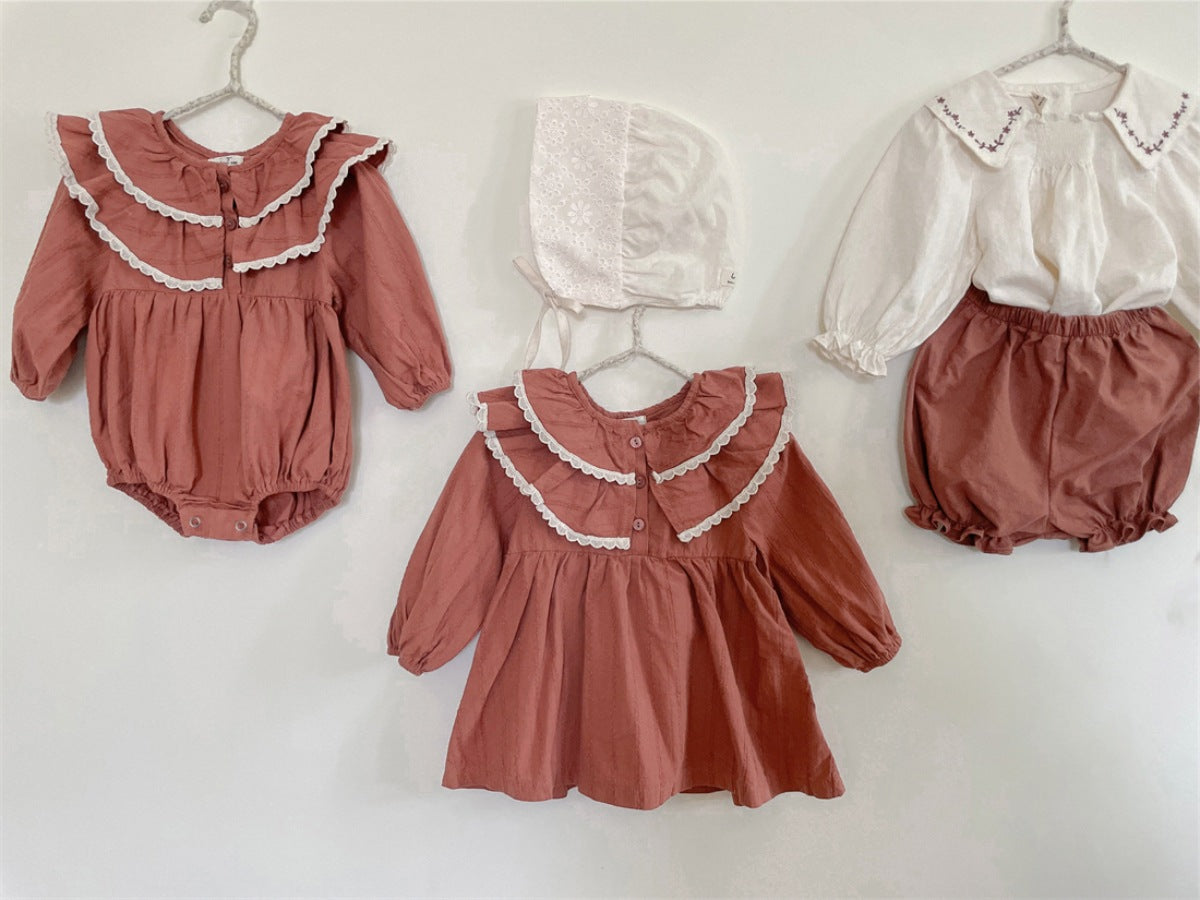 Infant Baby Girl Double Layer Laces Lapel Dress&Onesie