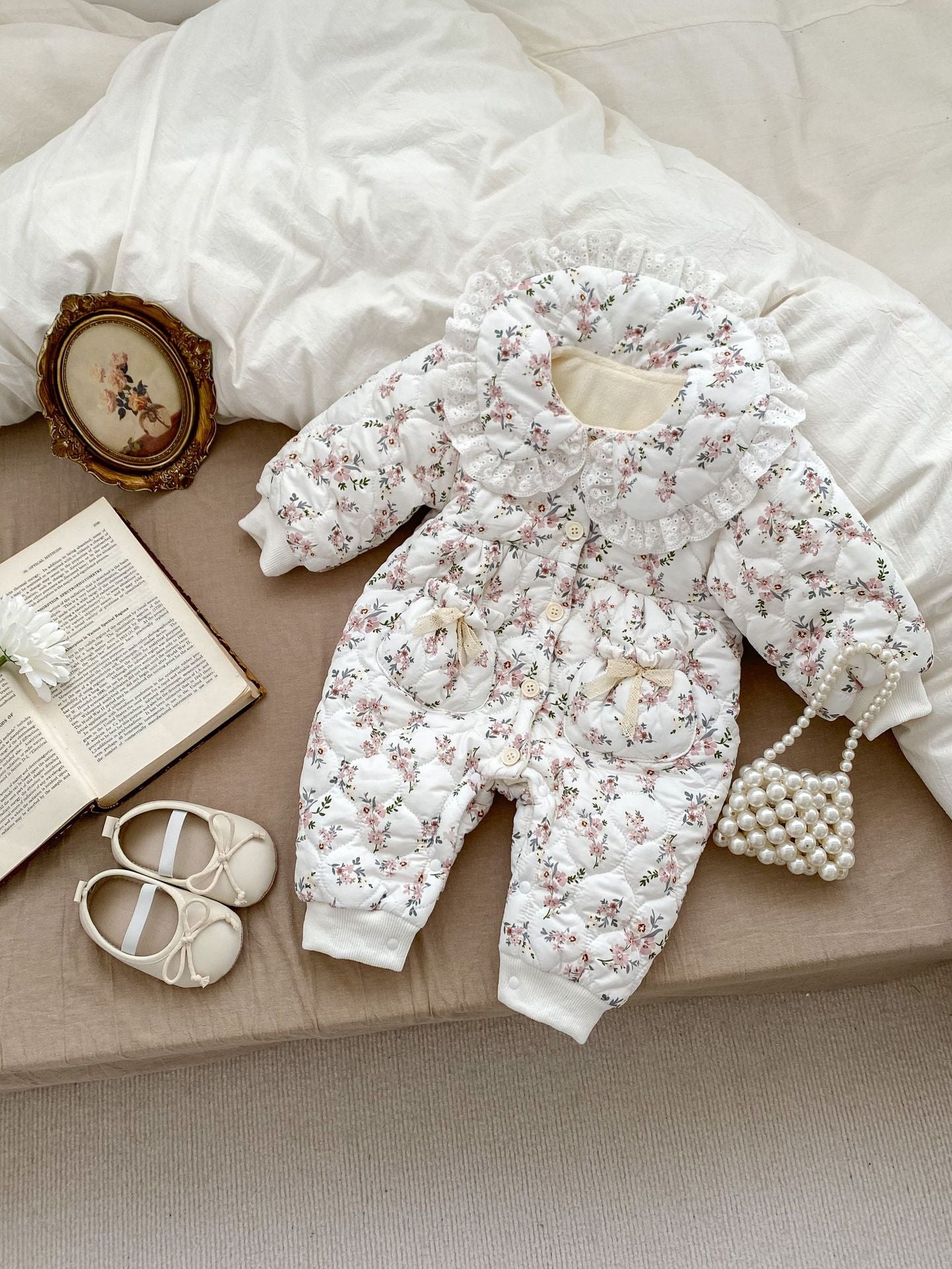 Infant Baby Girl Floral Combo Laces Warm Thicken Long Sleeve Jumpsuit