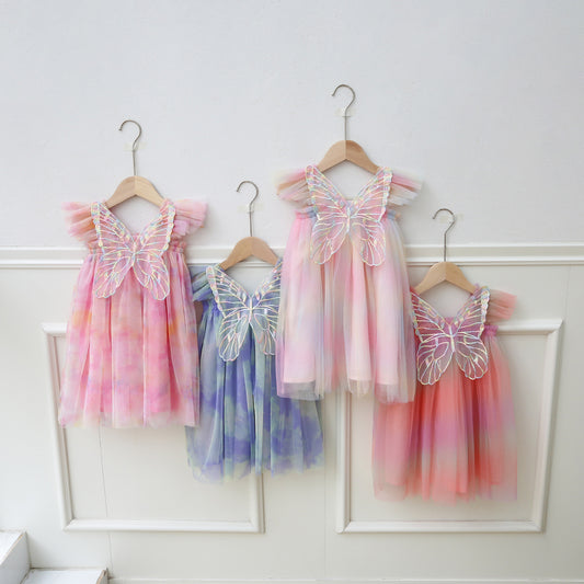 Summer Baby Kids Girls Fly Sleeves Butterfly Pattern Gradient Tulle Dress