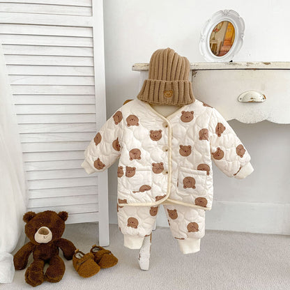 New Winter Baby Unisex Cute Little Bear Head Thick Warm Long Sleeve Top Combo Pant Two Pieces Sets