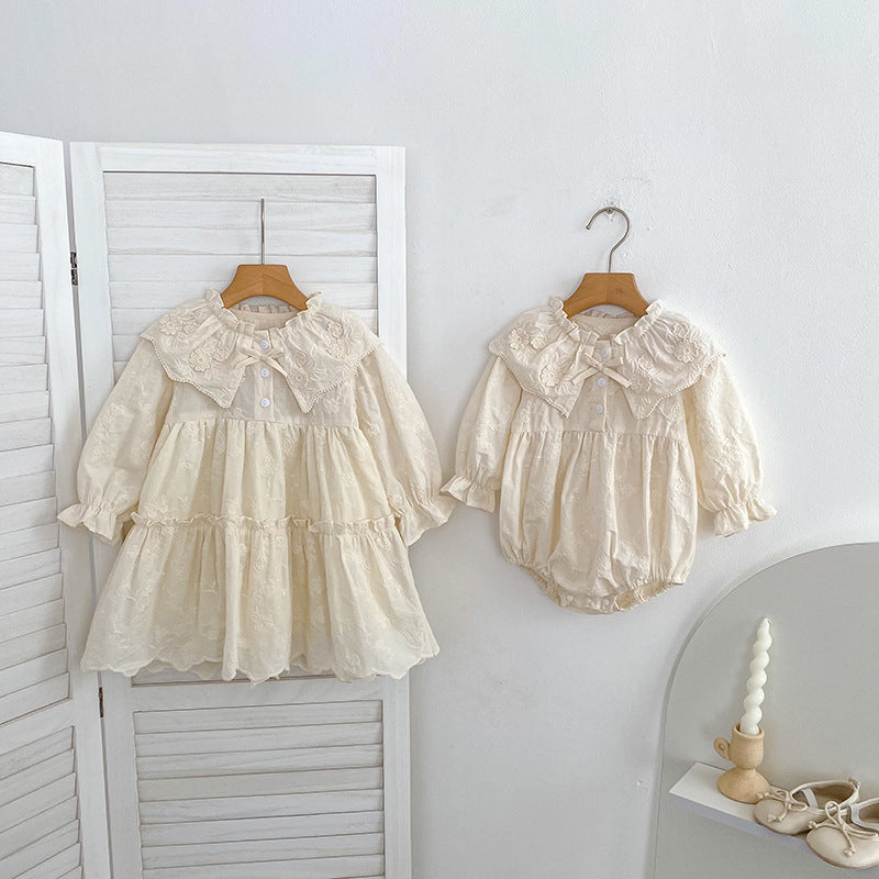 Autumn Baby Girls Flowers Pattern Long-sleeved Peter Pan Collar Onesies and Dress – Princess Sister Matching Set