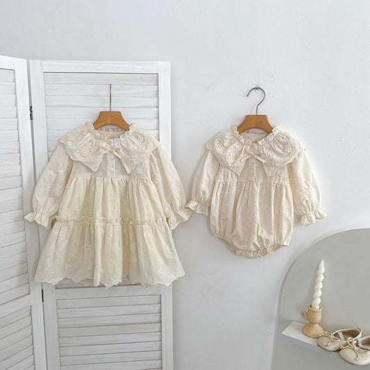 Autumn Baby Girls Flowers Pattern Long-sleeved Peter Pan Collar Onesies and Dress – Princess Sister Matching Set