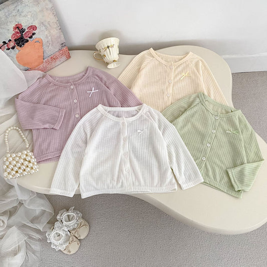 Summer Arrival Baby Girls Simple Long Sleeves Single Breasted Thin Knitted Top with Butterfly-bow, MyKids-USA®, Baby & Toddler Tops, MyKids-USA -  -  -  -  -  -  - .