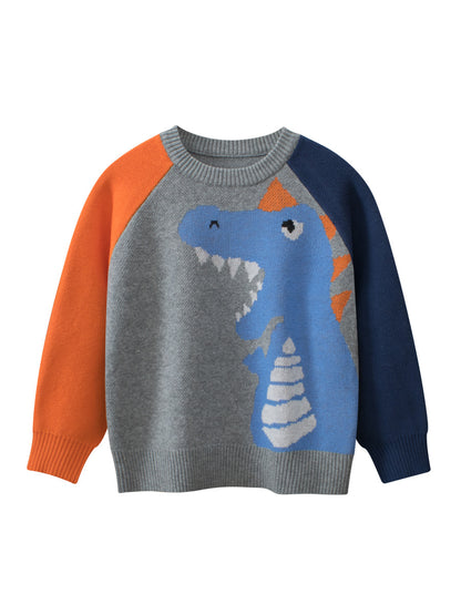Baby Boy Kids Frightened Dinosaur Cartoon Crew Neck Long Sleeve Knitwear Pullover