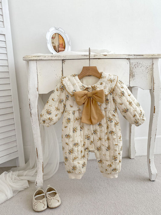 Baby Toddler Girl Fleece Floral Print Combo Big Bow-Knot Long Sleeve Jumpsuit, MyKids-USA®, Baby One-Pieces, MyKids-USA -  -  -  -  -  -  - .
