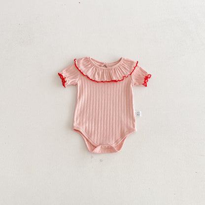 Summer Arrival Baby Girls Short Sleeves Solid Color Hollow-out Pattern Bodysuit with Collar, MyKids-USA®, Bodysuits, MyKids-USA - Size/Age - 66 (3-6M) - Color - Pink -  -  - TR2603152329-C.