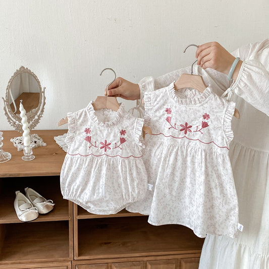 Summer Girls Flowers Printed and Embroidered Pattern Sleeveless Onesies and Dress – Princess Sister Matching Set