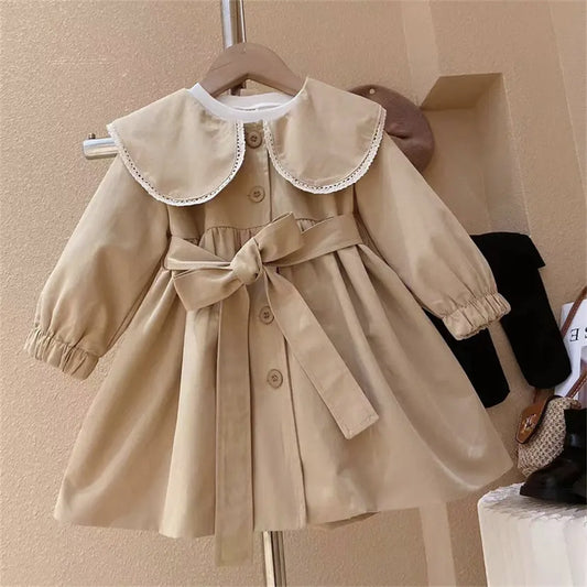 Baby Girls Peter Pan Neck Long Sleeved Khaki Single Breasted Dress With Belt